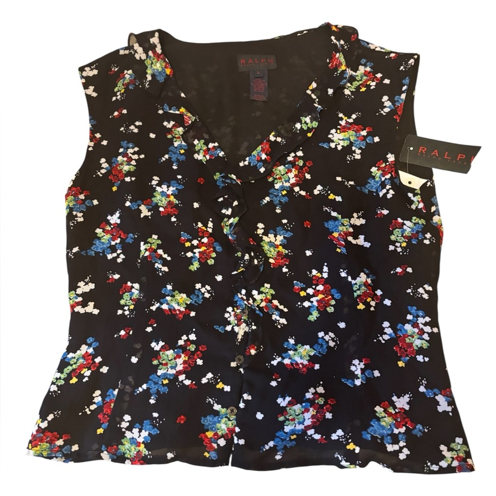 Ralph Lauren Floral Sleeveless Ruffled Black Blouse Size L NWT
